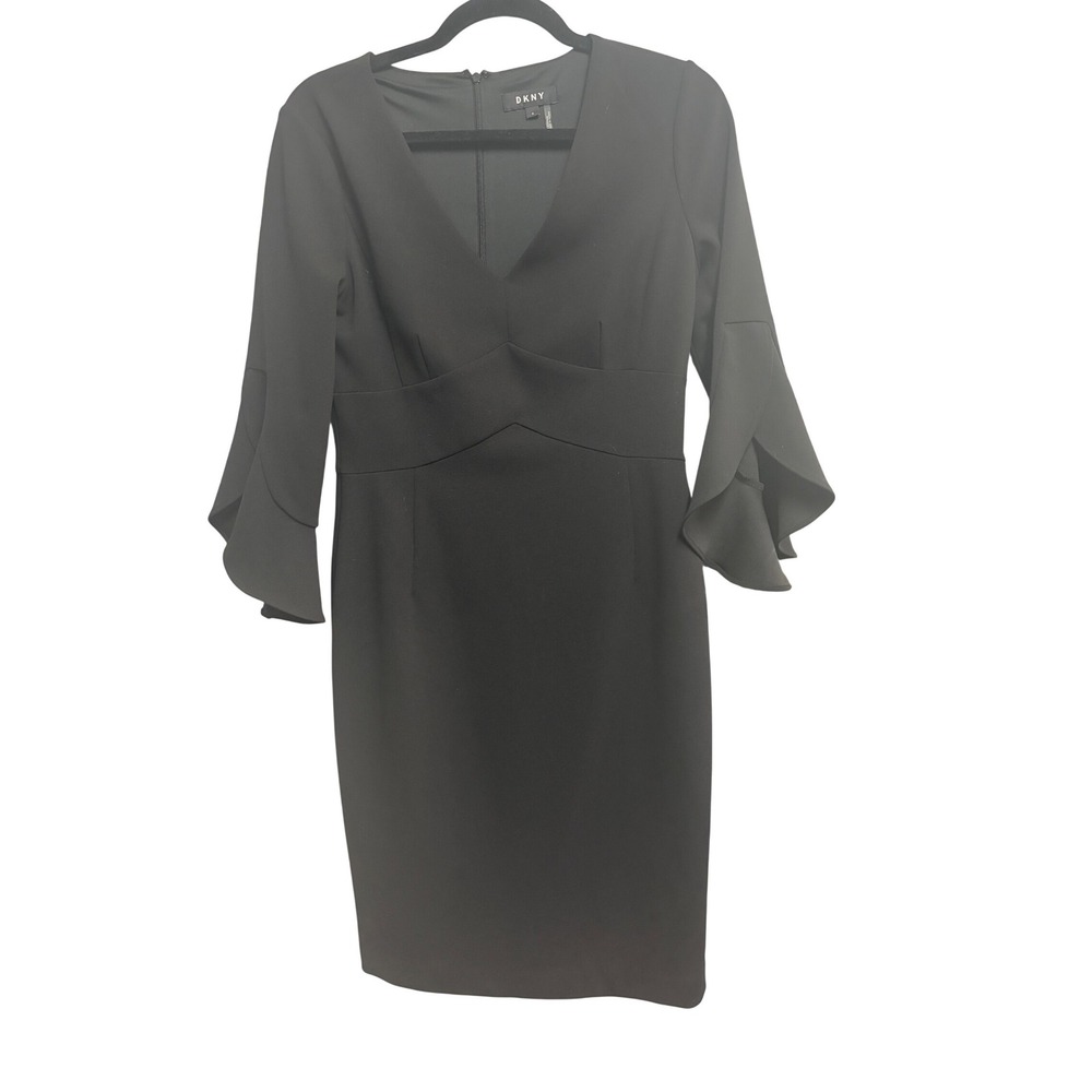 DKNY Bell Sleeve V-Neck Sheath Dress Black Formal Office Size 6